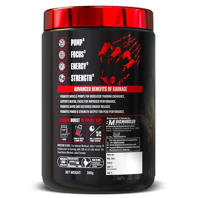 BigMuscles Nutrition Karnage Pre-Workout (300g, 60 Servings) | Energy, Focus, Strength & Pump | Dope-Free Tested | GP Fitness