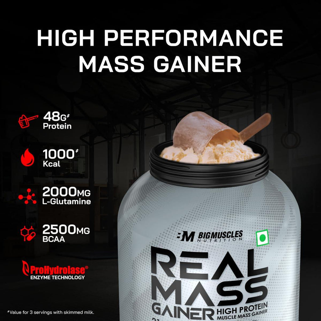 BigMuscles Nutrition Real Mass Gainer Rich Chocolate – Lean Whey Protein for Muscle & Weight Gain