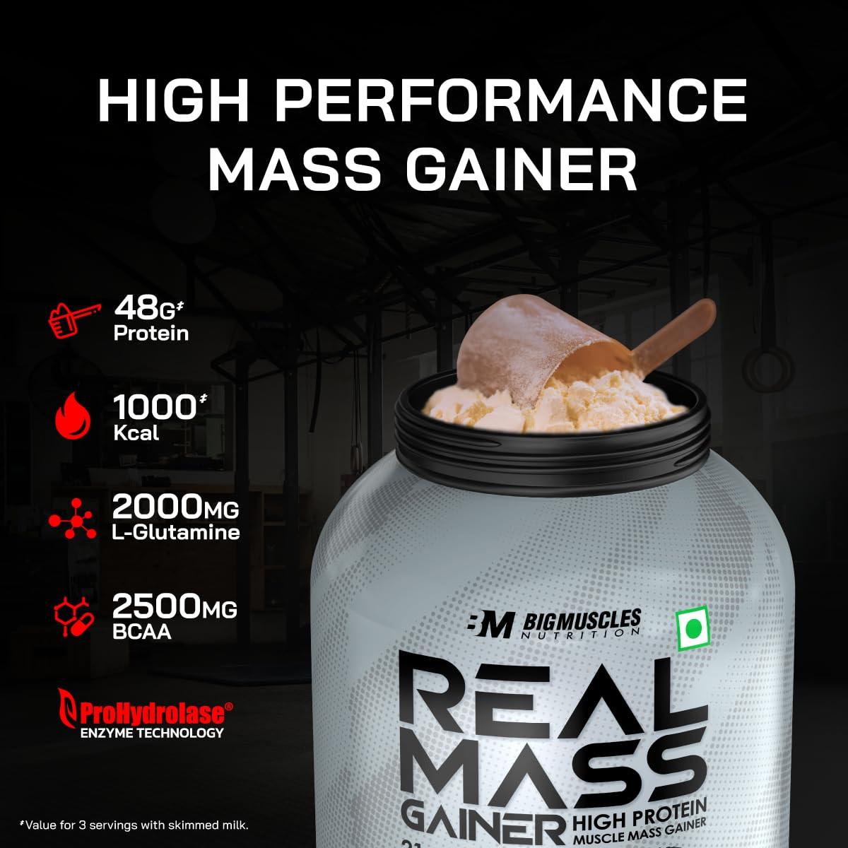 BigMuscles Nutrition Real Mass Gainer Rich Chocolate – Lean Whey Protein for Muscle & Weight Gain