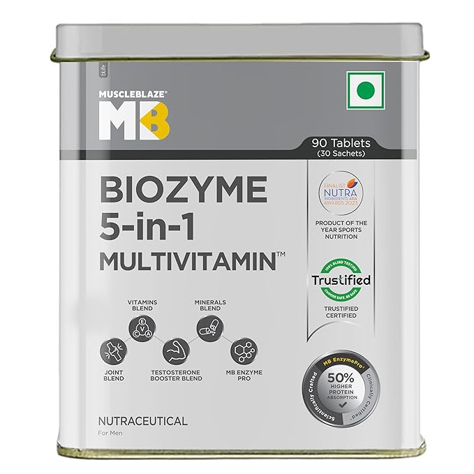 MuscleBlaze Biozyme Daily Multivitamin (90 Tablets) | 5-in-1 Supplement for Energy, Immunity & Performance | GP Fitness