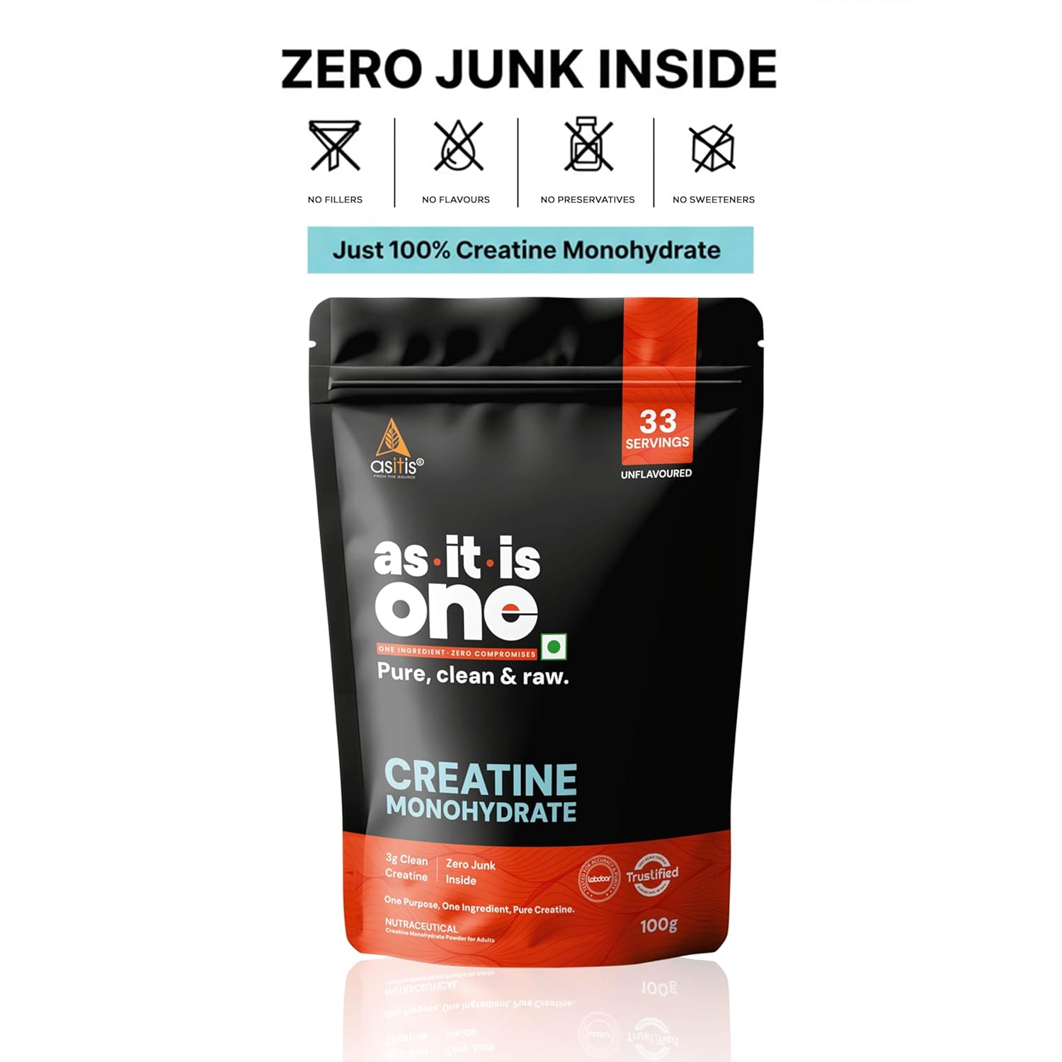 AS-IT-IS One Creatine Monohydrate (100g, Unflavoured) | Pure & Micronized for Strength & Performance | GP Fitness