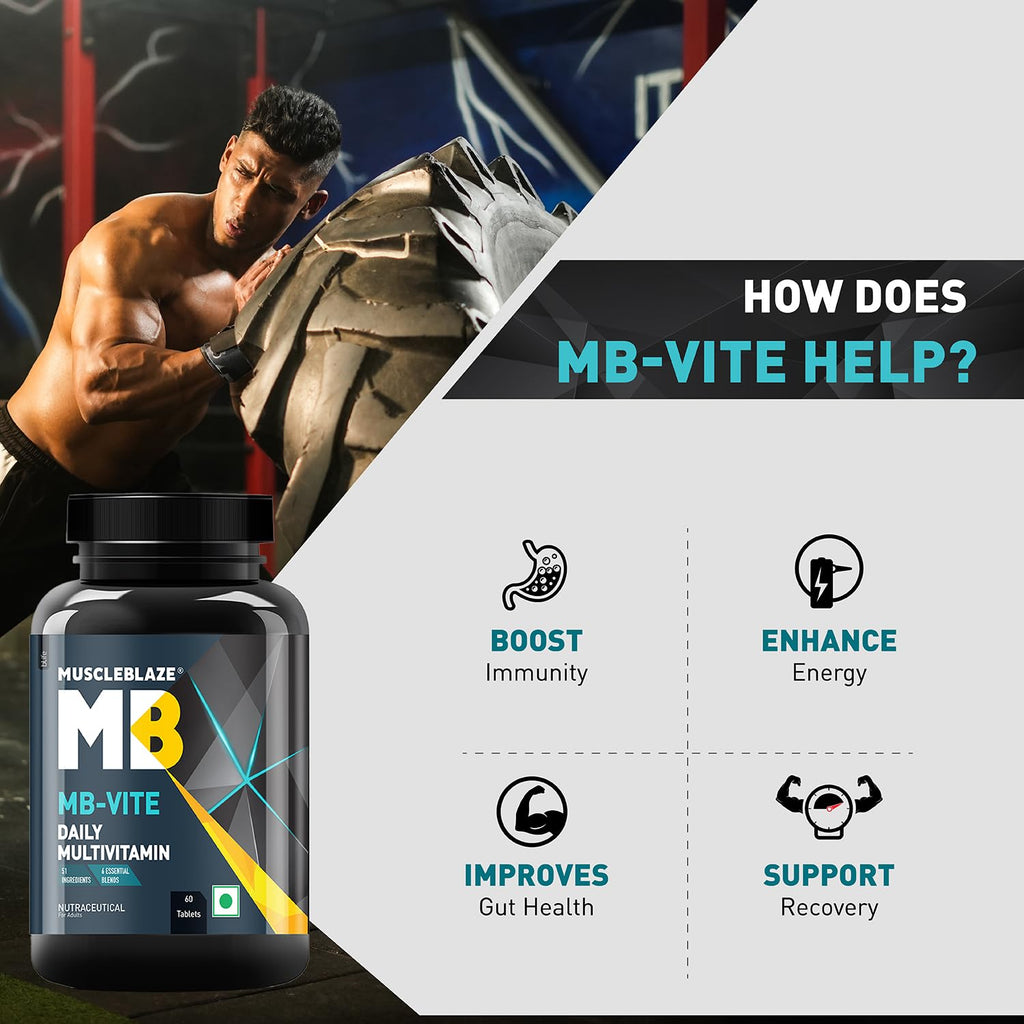 MuscleBlaze MB-Vite Daily Multivitamin (60 Tablets) | 51 Ingredients for Energy, Immunity & Performance | GP Fitness