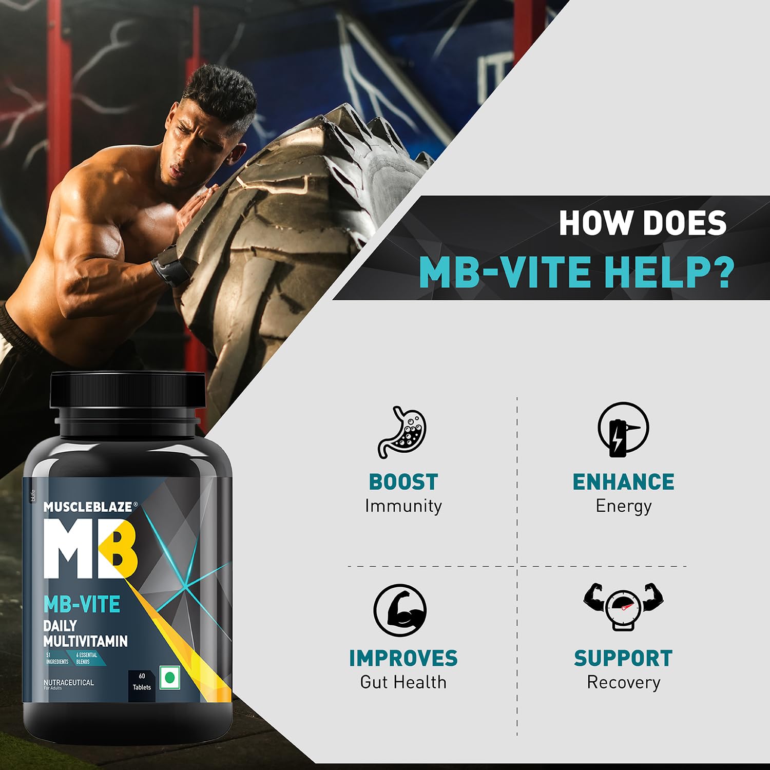 MuscleBlaze MB-Vite Daily Multivitamin (60 Tablets) | 51 Ingredients for Energy, Immunity & Performance | GP Fitness