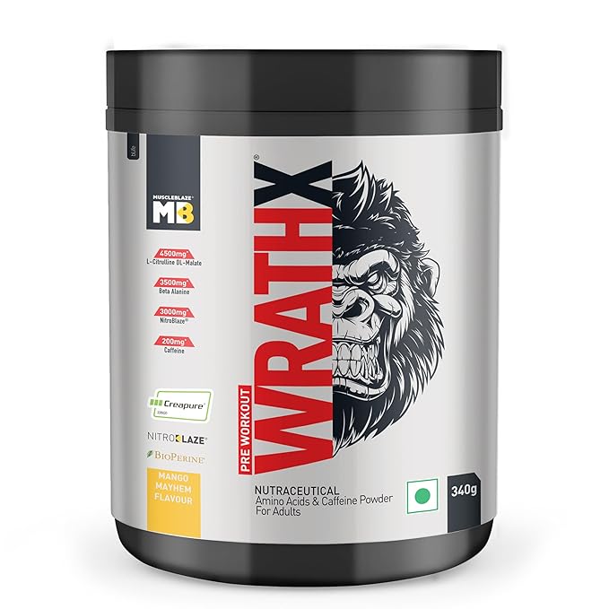 MuscleBlaze Pre Workout WrathX Powder (Mango Mayhem, 340g, 20 Servings) | Energy, Focus & Endurance Booster | GP Fitness