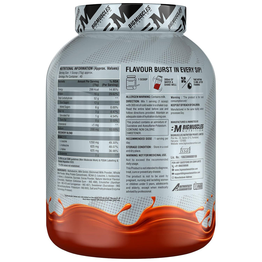 BigMuscles Nutrition Real Mass Gainer Rich Chocolate – Lean Whey Protein for Muscle & Weight Gain