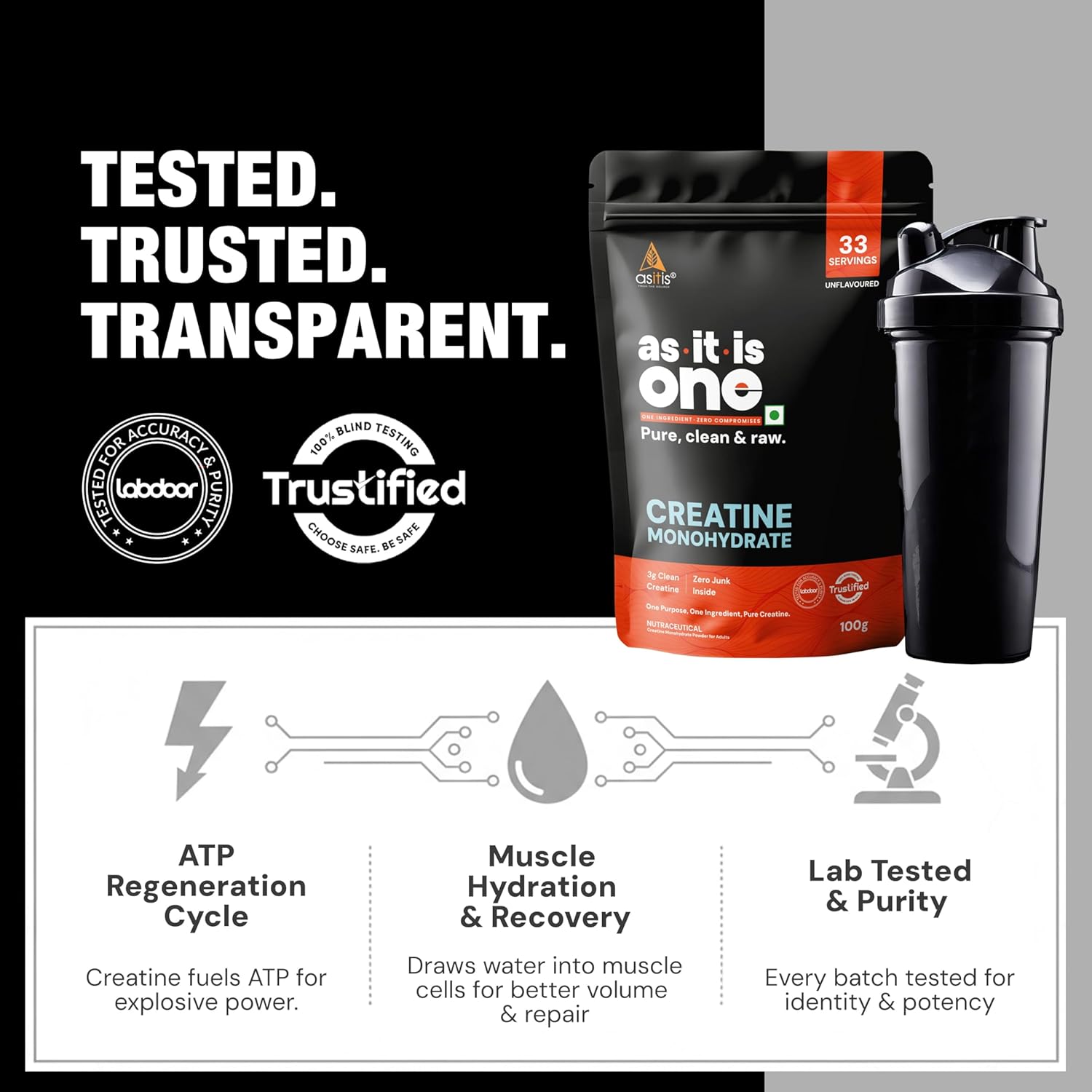 AS-IT-IS One Creatine Monohydrate (100g, Unflavoured) | Pure & Micronized for Strength & Performance | GP Fitness