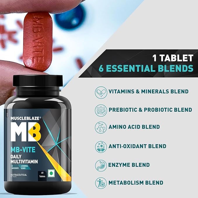 MuscleBlaze MB-Vite Daily Multivitamin (60 Tablets) | 51 Ingredients for Energy, Immunity & Performance | GP Fitness