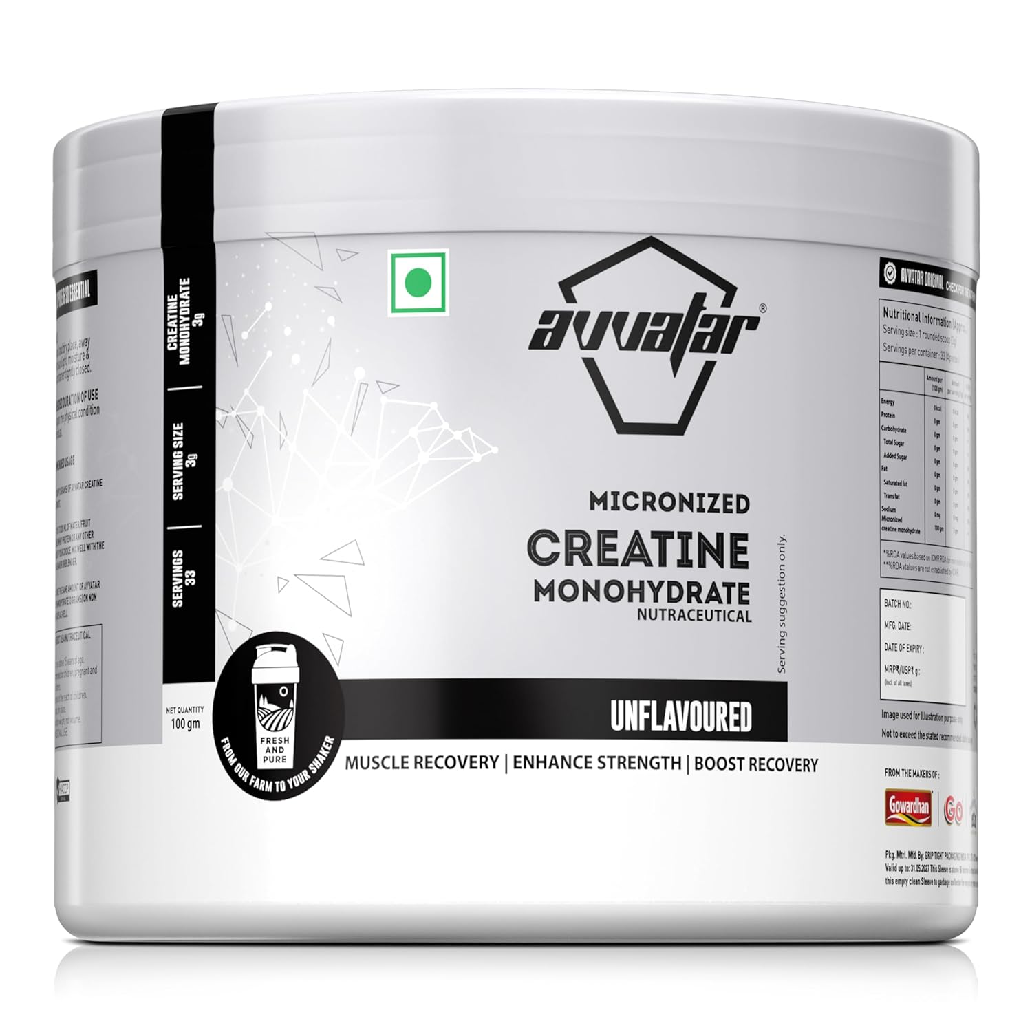 Avvatar Micronized Creatine Monohydrate Powder (100g, 33 Servings) | Strength & Performance Booster | GP Fitness