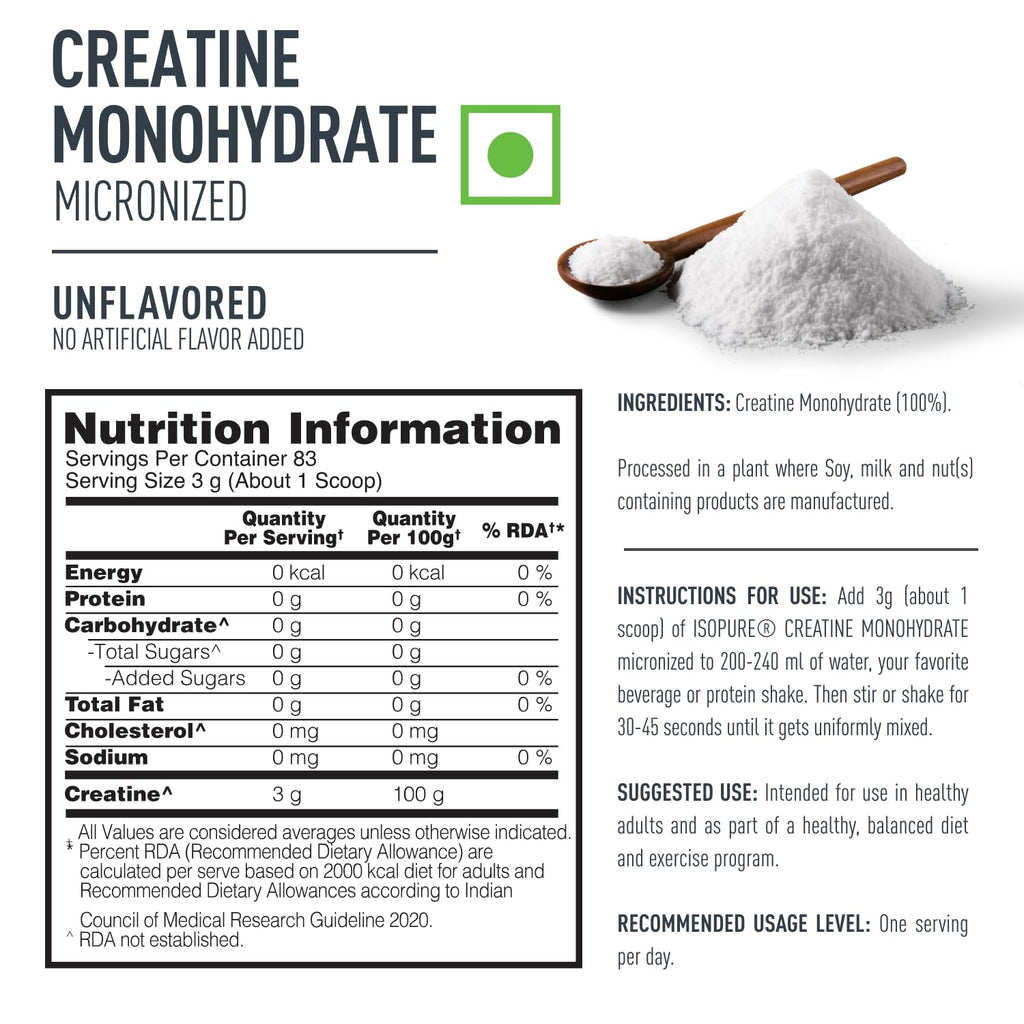 Isopure 100% Creatine Monohydrate Micronized (250g, 83 Servings) | Strength & Performance Booster | GP Fitness