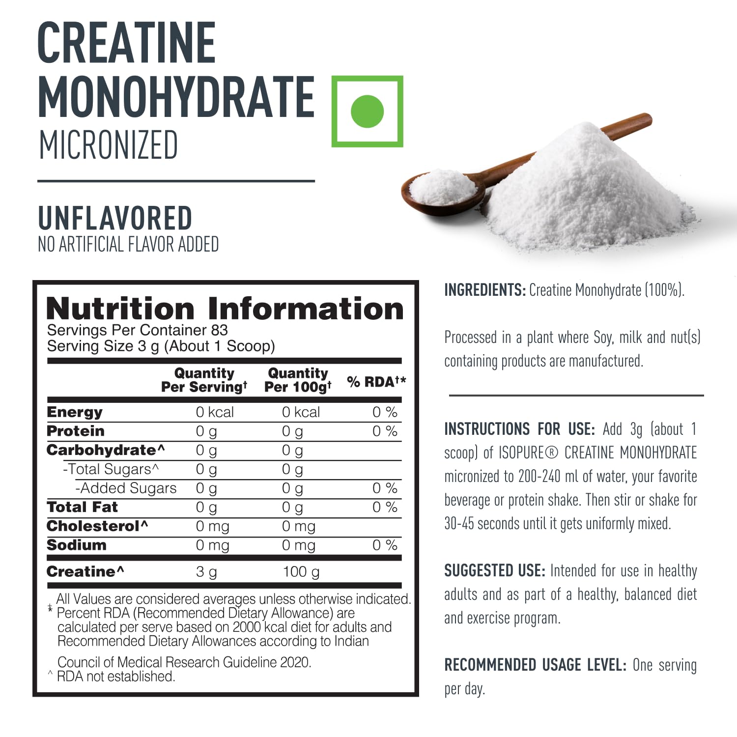 Isopure 100% Creatine Monohydrate Micronized (250g, 83 Servings) | Strength & Performance Booster | GP Fitness