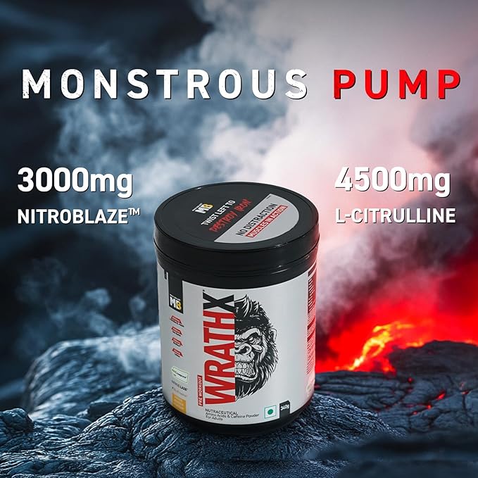 MuscleBlaze Pre Workout WrathX Powder (Mango Mayhem, 340g, 20 Servings) | Energy, Focus & Endurance Booster | GP Fitness