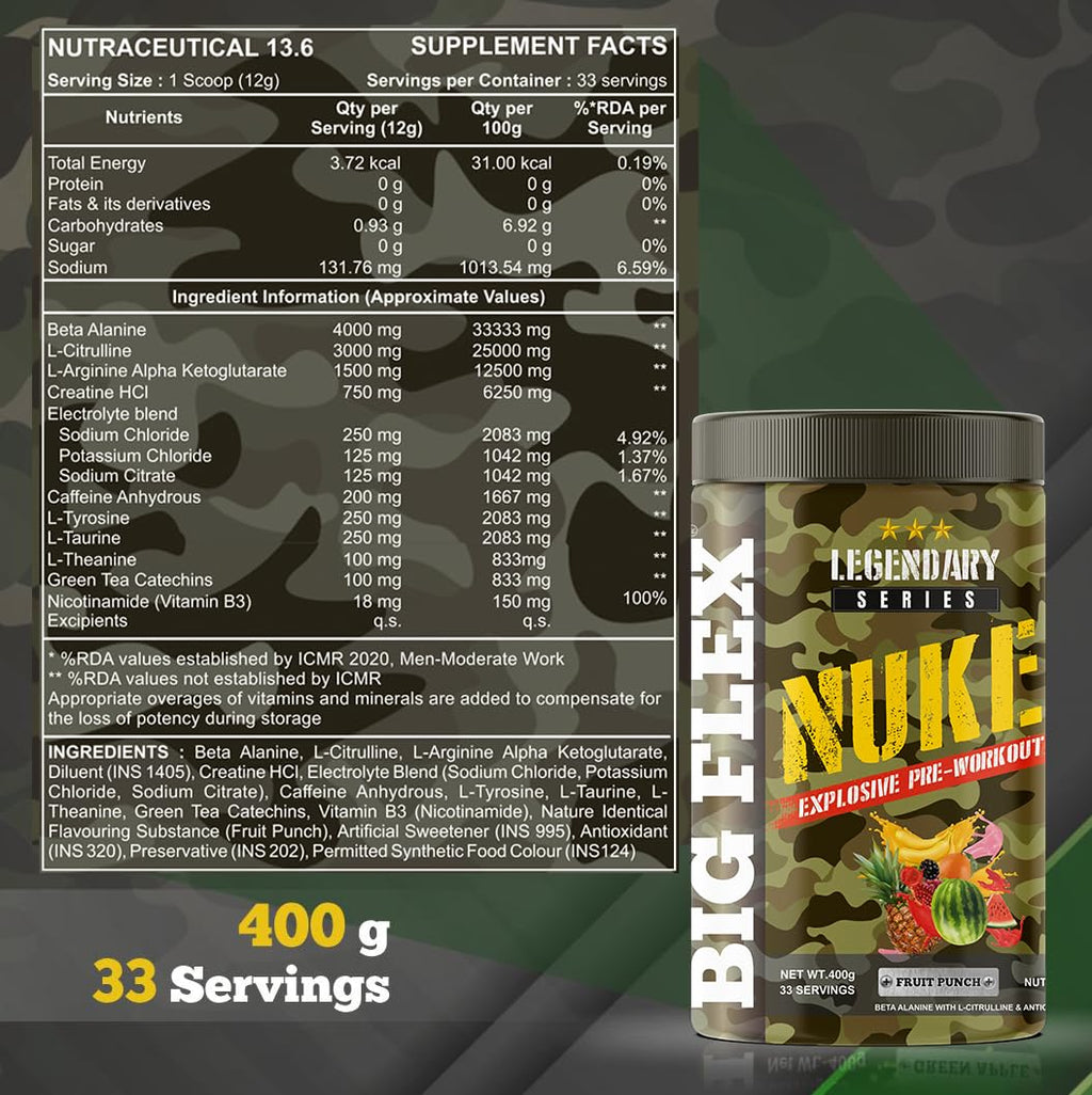 BigFlex Nuke Pre-Workout Powder (400g) | 33 Servings Energy Booster for Strength & Endurance | GP Fitness