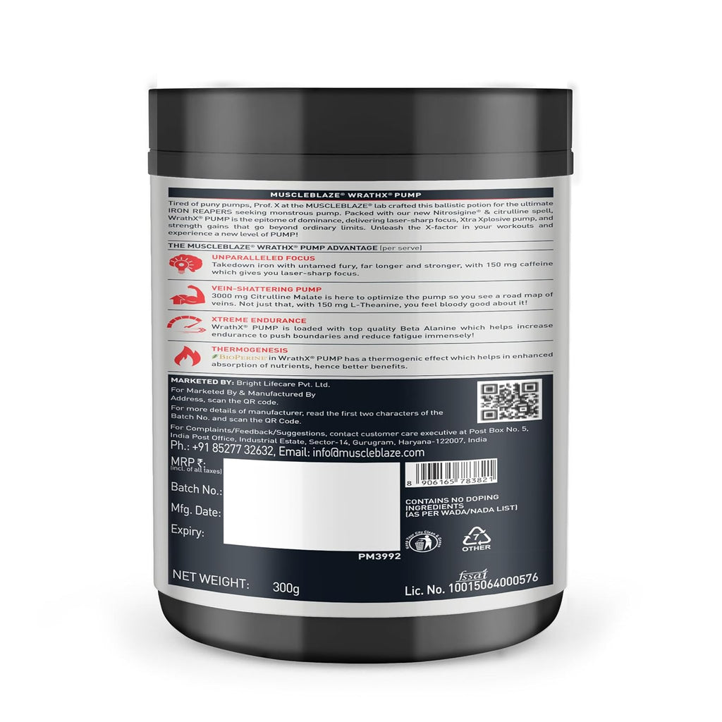 MuscleBlaze Pre Workout WrathX PUMP (30 Servings) | Nitrosigine & L-Citrulline for Pump, Energy & Performance | GP Fitness