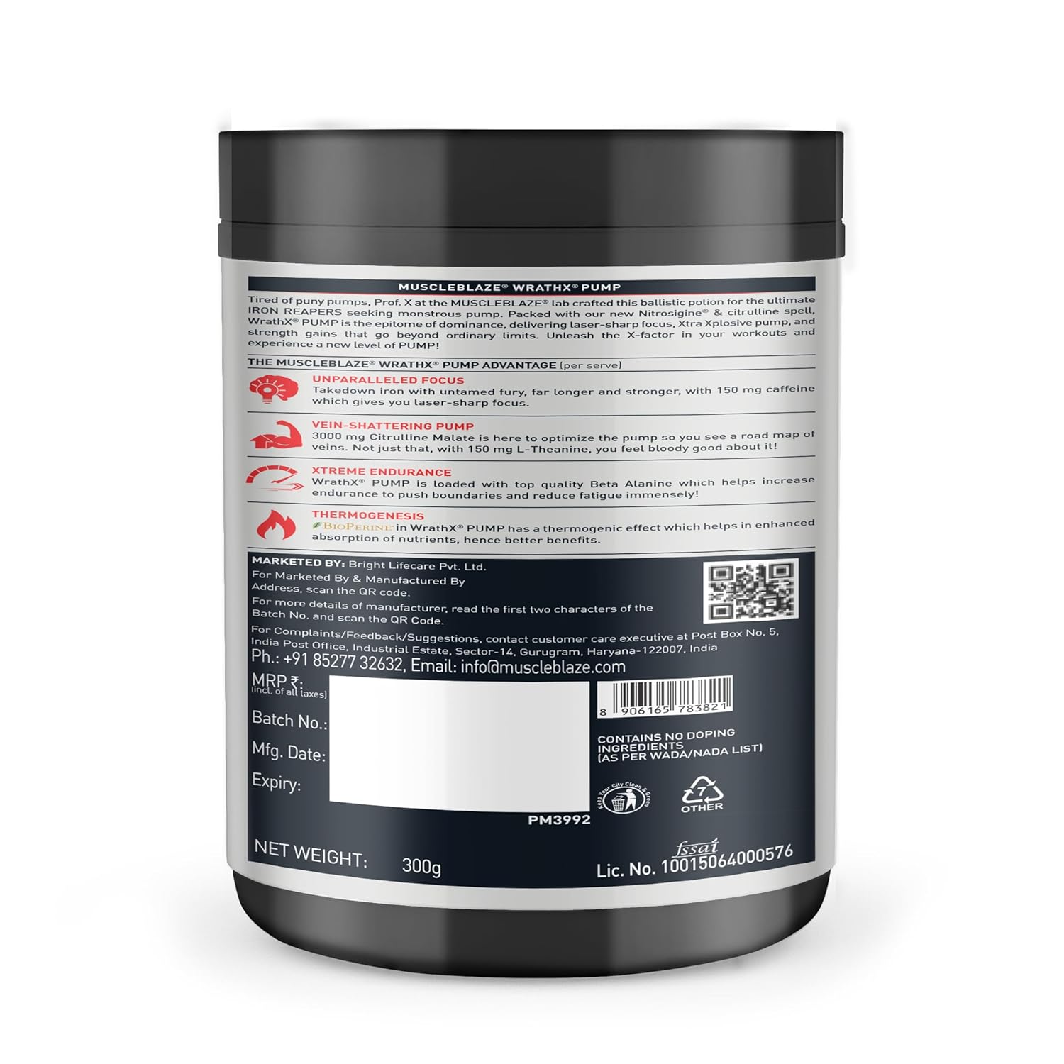MuscleBlaze Pre Workout WrathX PUMP (30 Servings) | Nitrosigine & L-Citrulline for Pump, Energy & Performance | GP Fitness