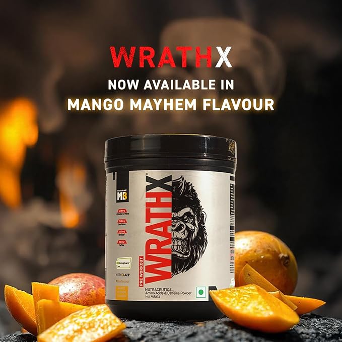 MuscleBlaze Pre Workout WrathX Powder (Mango Mayhem, 340g, 20 Servings) | Energy, Focus & Endurance Booster | GP Fitness