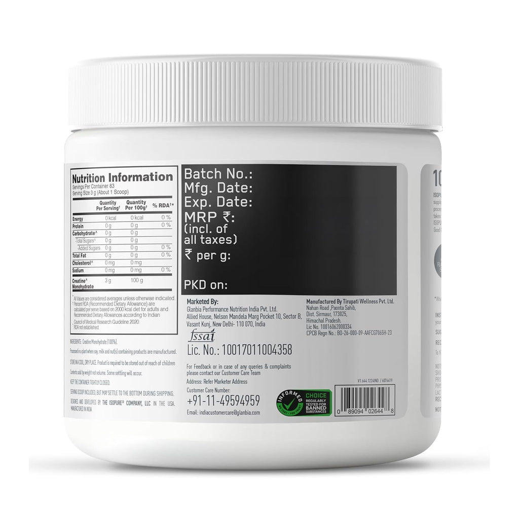 Isopure 100% Creatine Monohydrate Micronized (250g, 83 Servings) | Strength & Performance Booster | GP Fitness