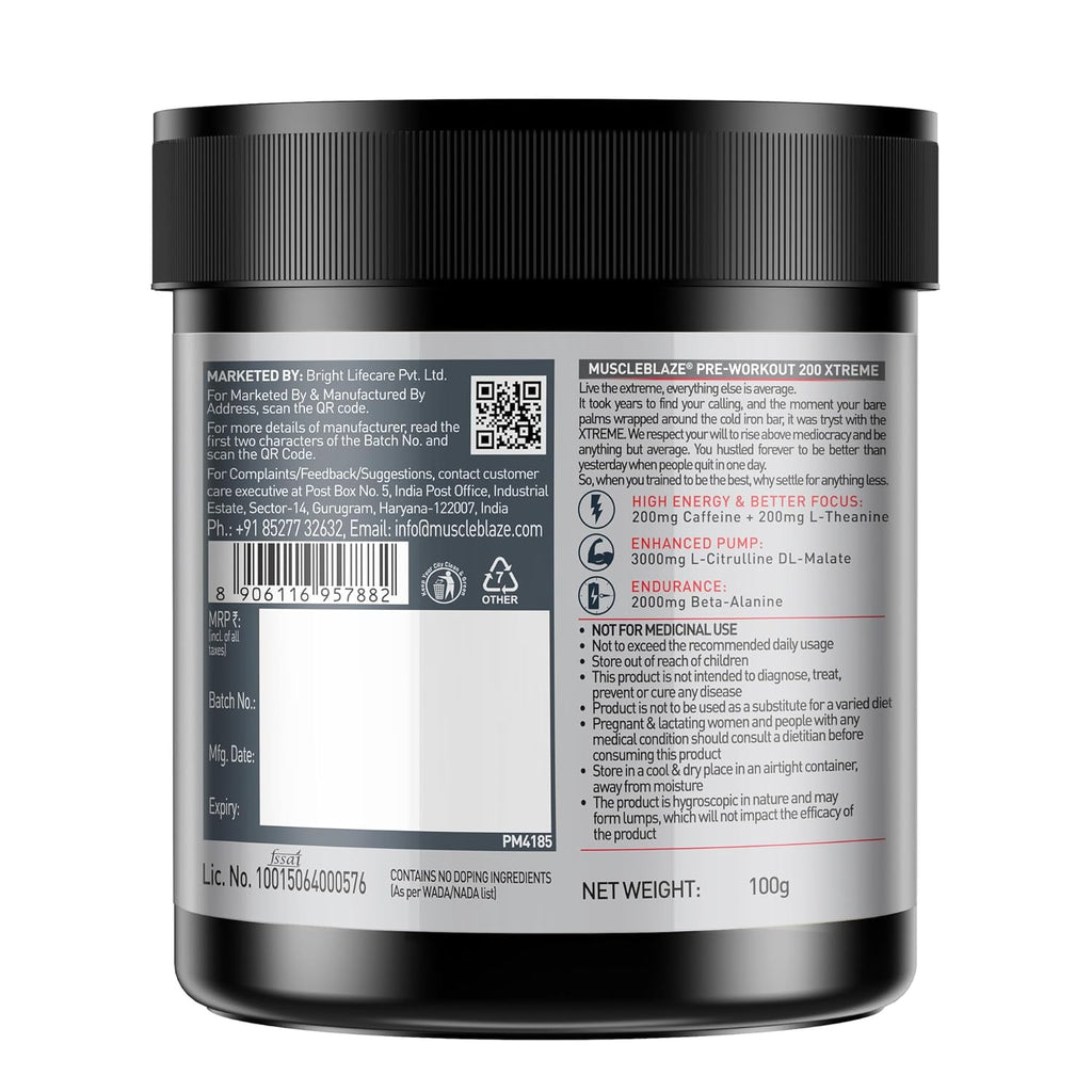 MuscleBlaze Pre Workout 200 Xtreme (100g, 15 Servings) | Energy, Focus & Endurance Booster | GP Fitness