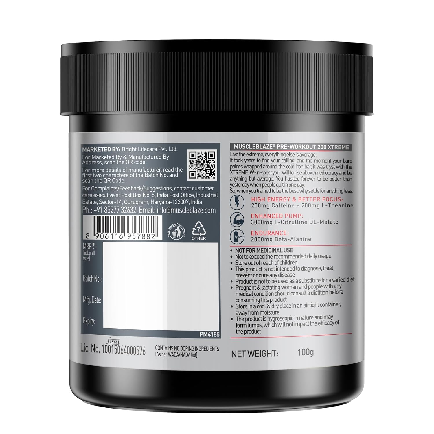 MuscleBlaze Pre Workout 200 Xtreme (100g, 15 Servings) | Energy, Focus & Endurance Booster | GP Fitness