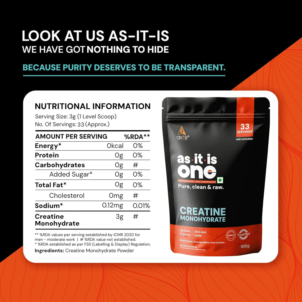 AS-IT-IS One Creatine Monohydrate (100g, Unflavoured) | Pure & Micronized for Strength & Performance | GP Fitness