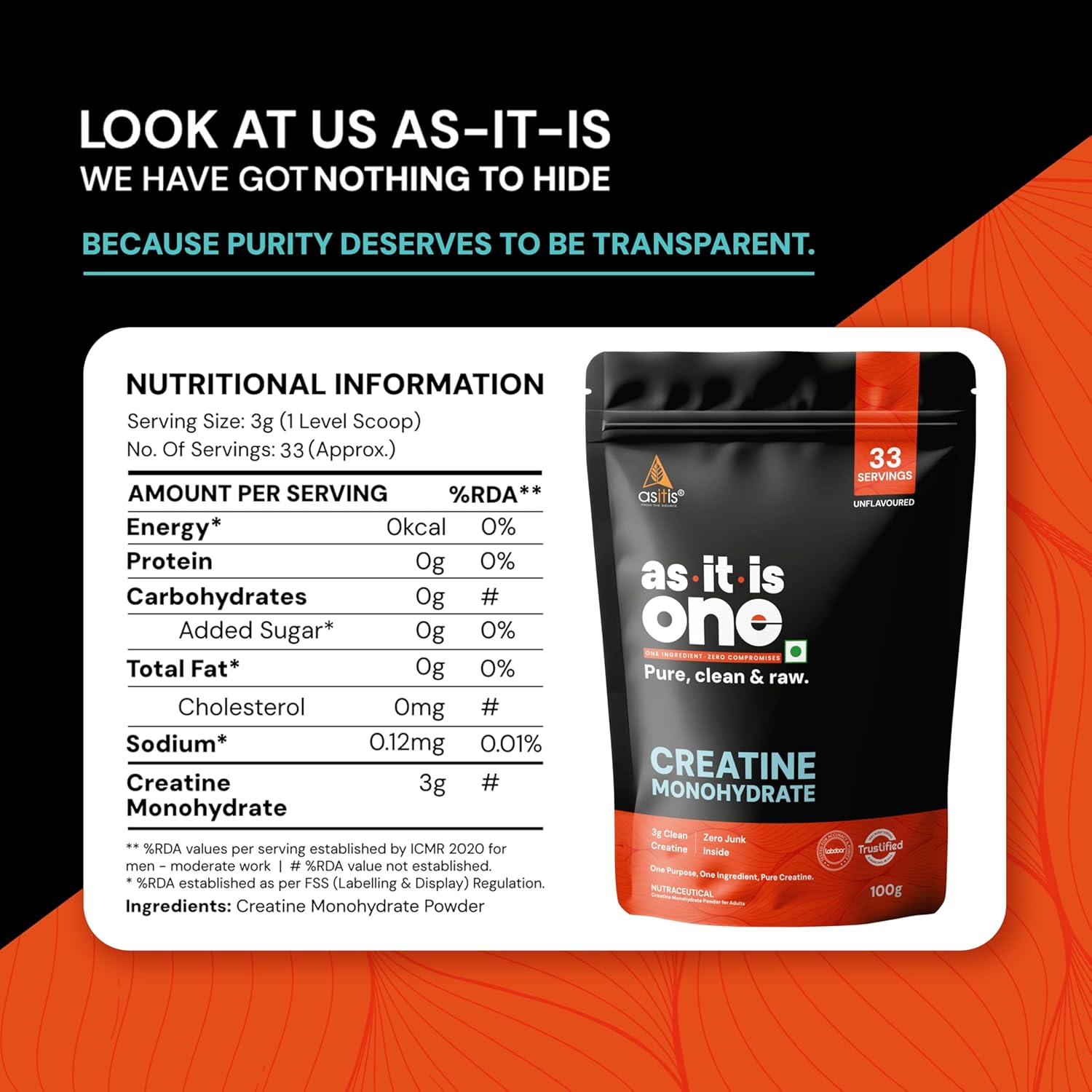 AS-IT-IS One Creatine Monohydrate (100g, Unflavoured) | Pure & Micronized for Strength & Performance | GP Fitness