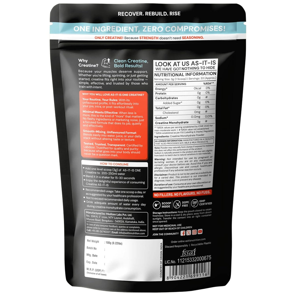AS-IT-IS One Creatine Monohydrate (100g, Unflavoured) | Pure & Micronized for Strength & Performance | GP Fitness