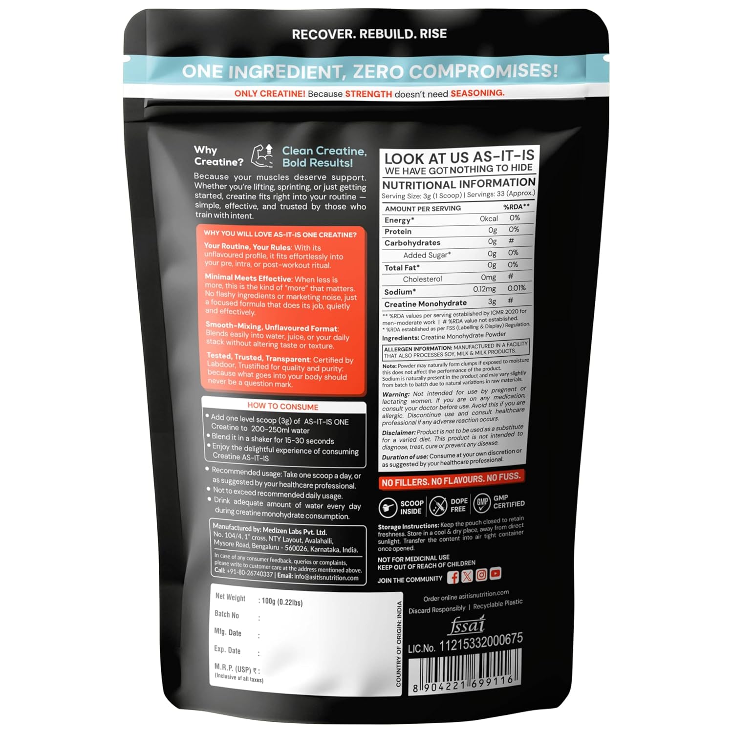 AS-IT-IS One Creatine Monohydrate (100g, Unflavoured) | Pure & Micronized for Strength & Performance | GP Fitness