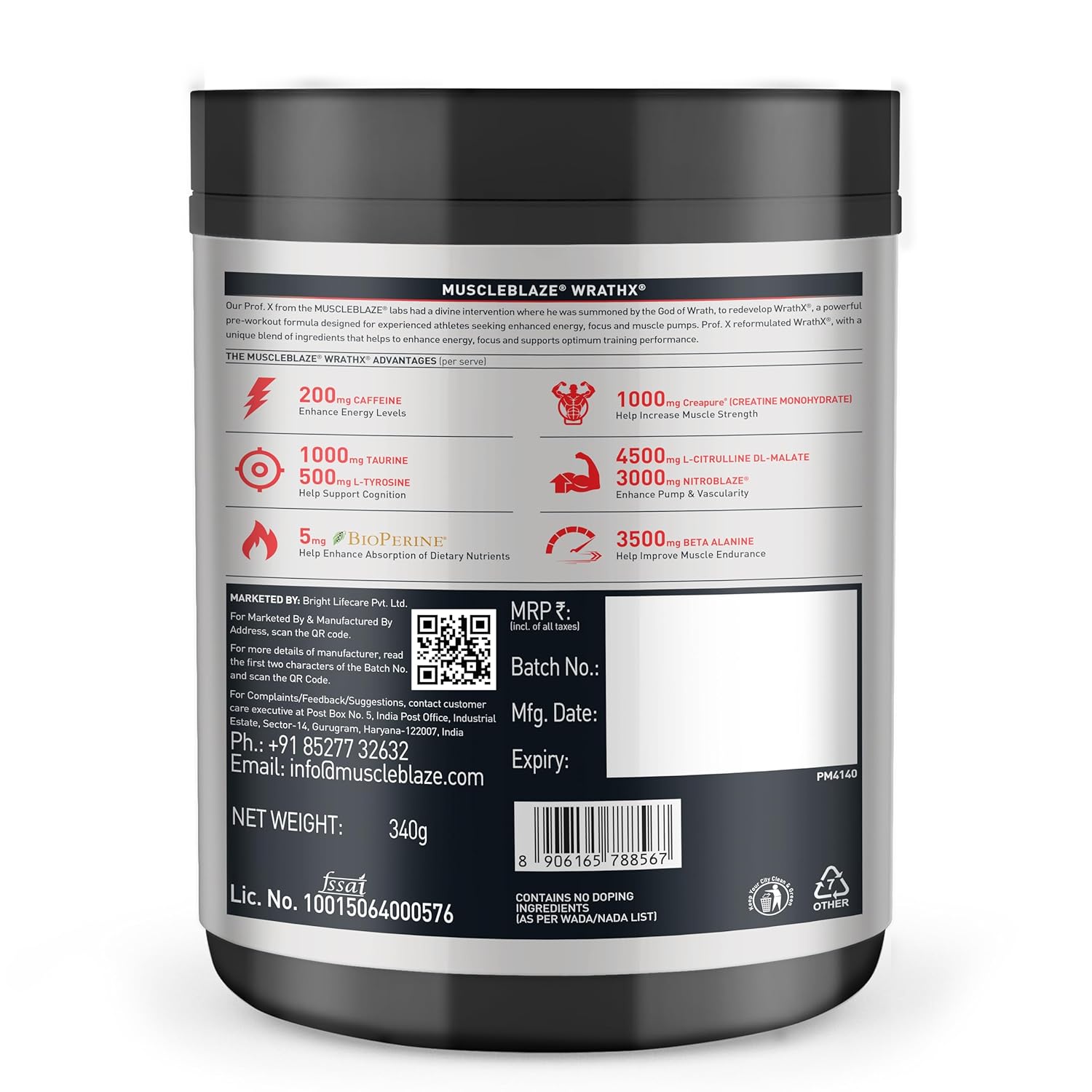 MuscleBlaze Pre Workout WrathX Powder (Mango Mayhem, 340g, 20 Servings) | Energy, Focus & Endurance Booster | GP Fitness