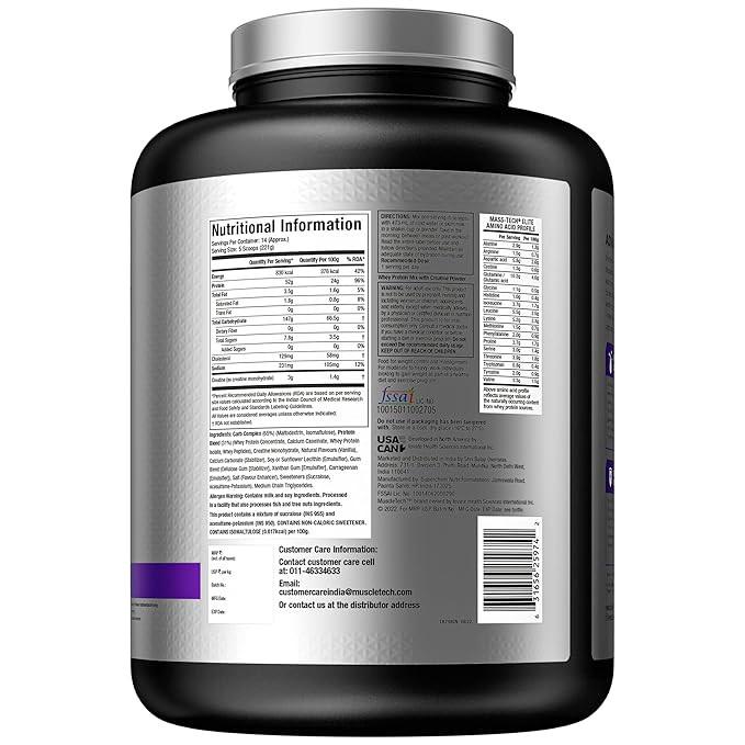 MuscleTech Mass-Tech Elite Advanced Mass Gainer 3kg | High Protein Weight Gainer