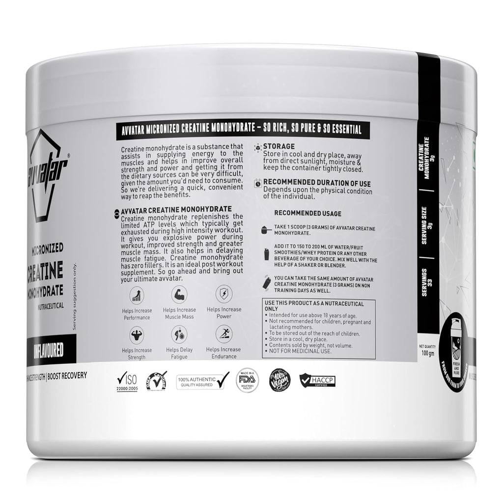 Avvatar Micronized Creatine Monohydrate Powder (100g, 33 Servings) | Strength & Performance Booster | GP Fitness