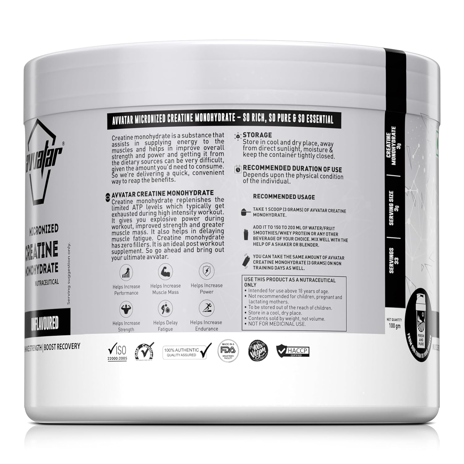 Avvatar Micronized Creatine Monohydrate Powder (100g, 33 Servings) | Strength & Performance Booster | GP Fitness