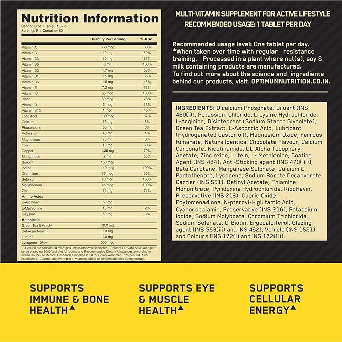 Optimum Nutrition (ON) Multivitamin for Men – 60 Tablets | 26 Vitamins & Minerals | GP Fitness
