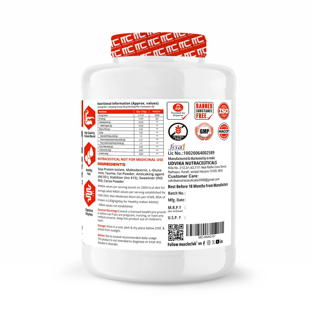 Muscle Club Anabolic Mass Gainer | High-Calorie Weight Gainer with Protein, Creatine & L-Glutamine