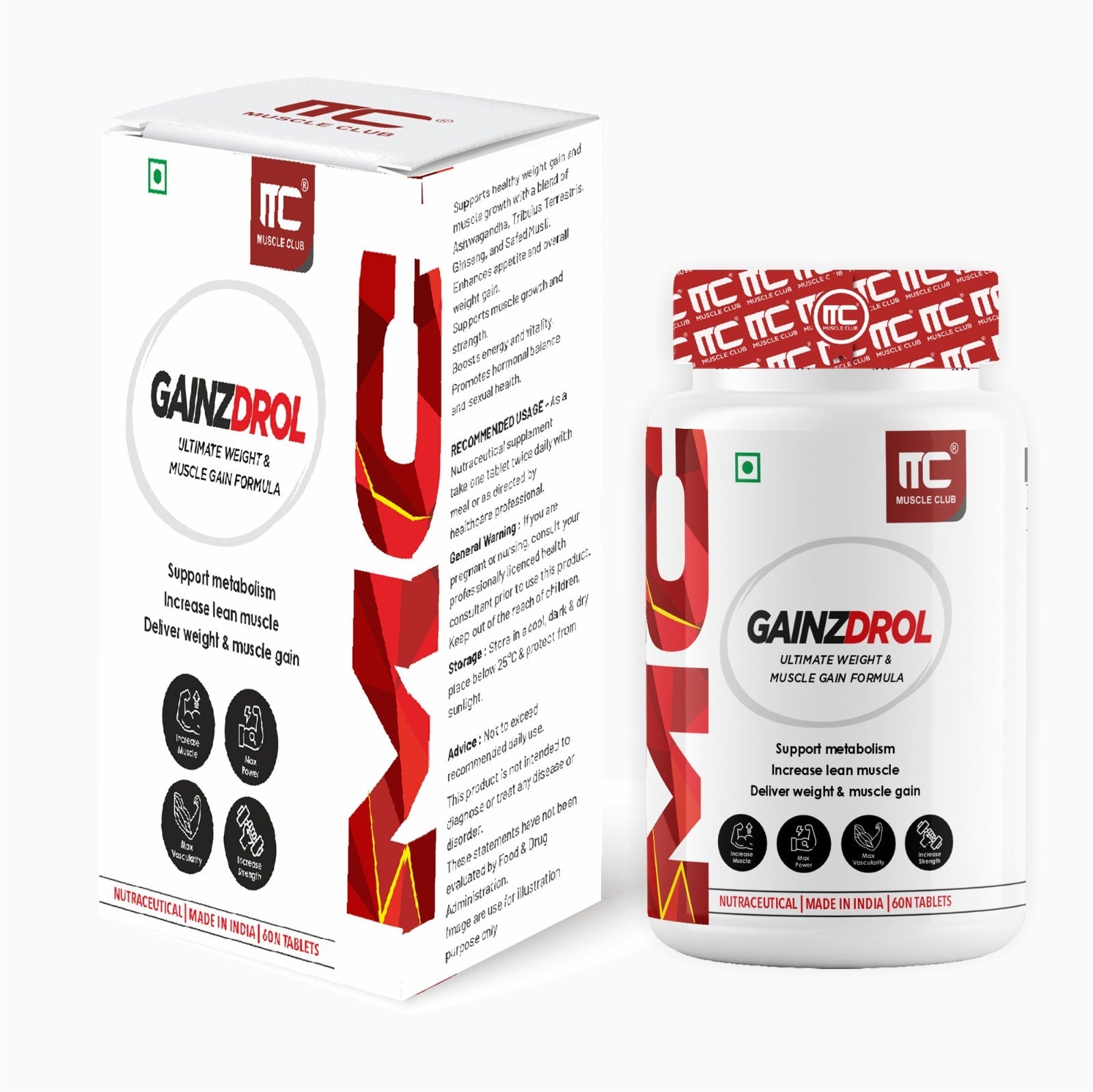 Muscle Club GAINZDROL Weight & Muscle Gainer Tablets with Ashwagandha | Strength, Mass & Recovery Support | GP Fitness